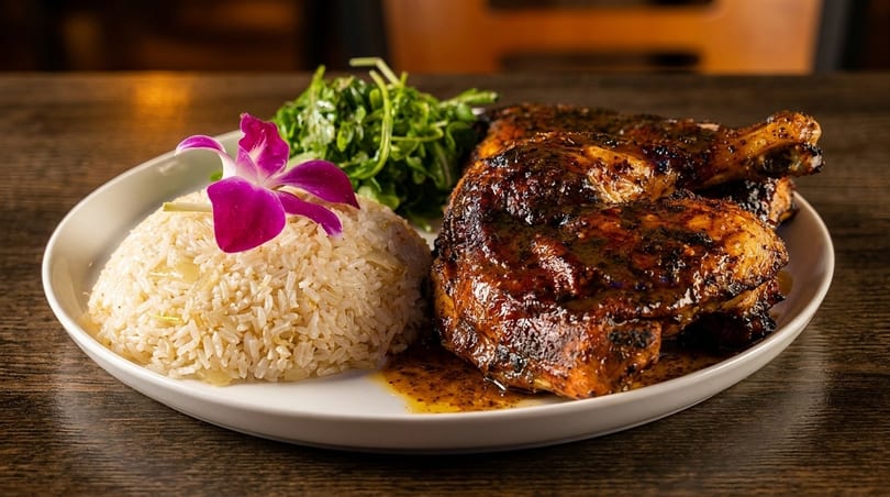 Grilled chicken with rice, greens, and a purple orchid on a white plate.
